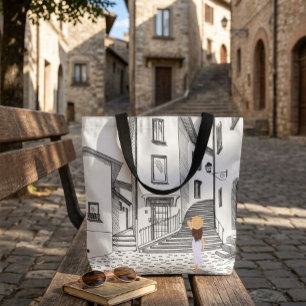 Elegant Tote Bag with Hand-Drawn Old City