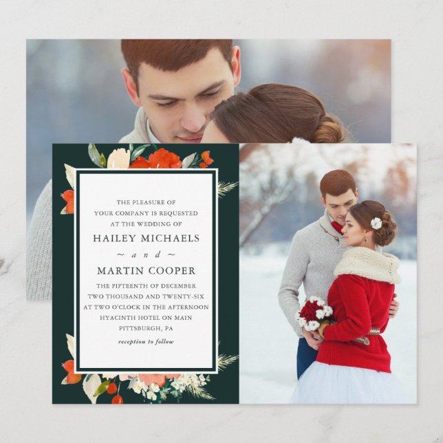 Elegant Tradition Red Floral Bouquet Photo Wedding Invitation (Front/Back)