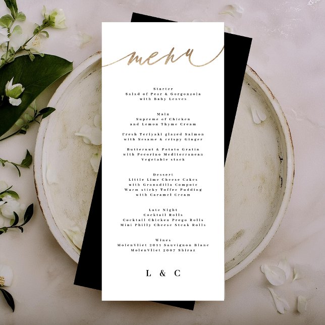 Elegant Traditional Black Gold Calligraphy Wedding Menu (Creator Uploaded)