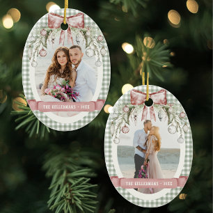 Elegant Traditional Gingham Photo Christmas Ceramic Ornament
