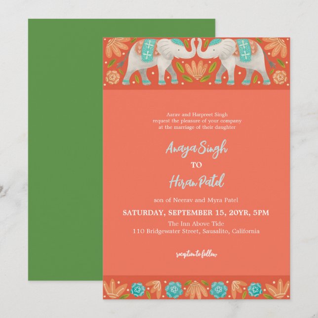 Elegant Traditional Indian Elephants Wedding Invitation (Front/Back)