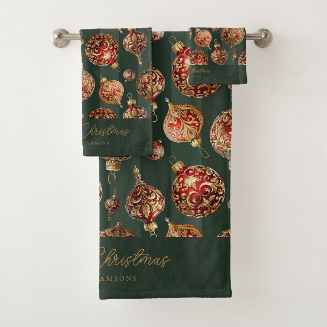 Elegant Traditional Red & Gold Christmas Baubles Bath Towel Set (Insitu)