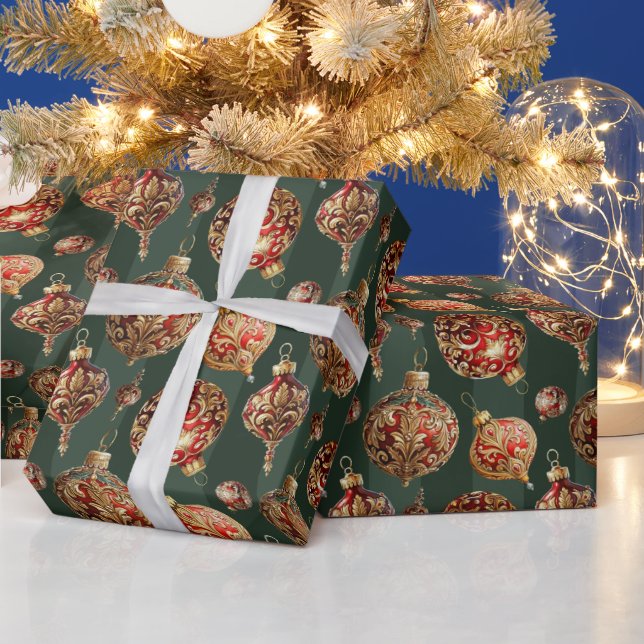 Elegant Traditional Red & Gold Christmas Baubles  Wrapping Paper (Holidays)