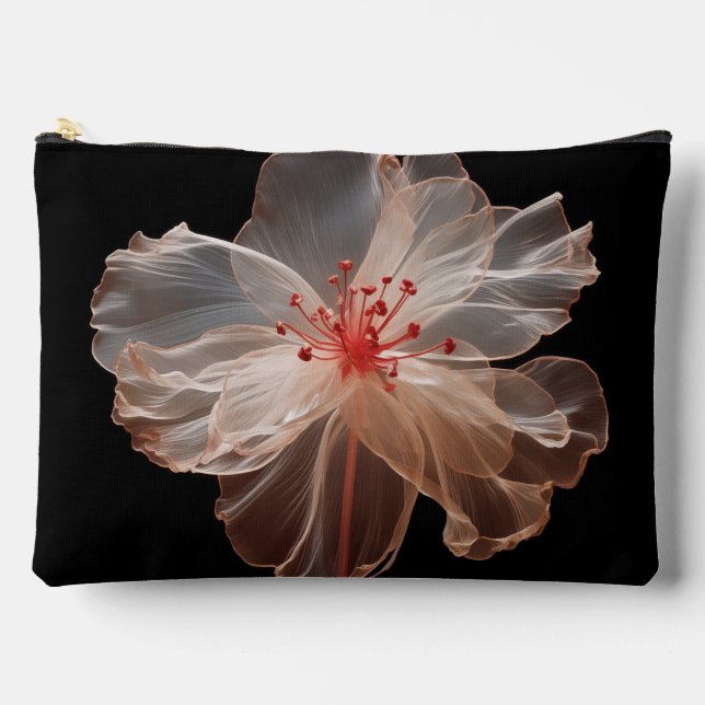 Elegant translucent flower on black accessory pouch (Front)