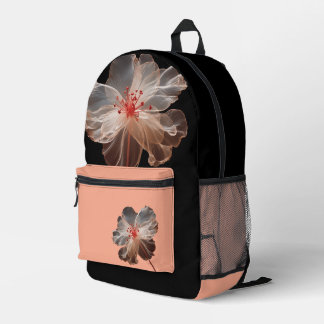 Elegant translucent flower on black printed backpack