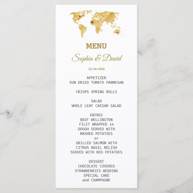 Elégant Travel Gold World Map Menu Mariage (Devant)