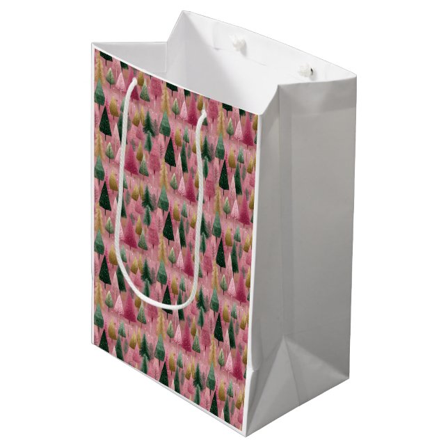 Elegant Tree Branches on Pink Holiday Art Medium Gift Bag (Front Angled)
