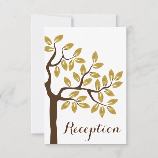 Elegant tree, gold foil leaves wedding reception invitation (Front)
