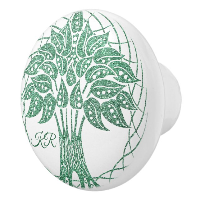 Elegant Tree of Life Green Glitter Yoga Monogram Ceramic Knob (Right)