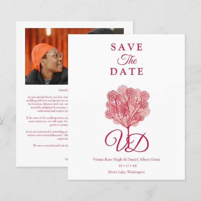 Elegant Tree Red Shades Photo Engaged Couple (Front/Back)