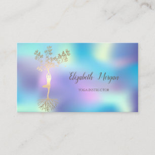 Elegant Tree Silhouette,Blue Holographic Yoga Business Card