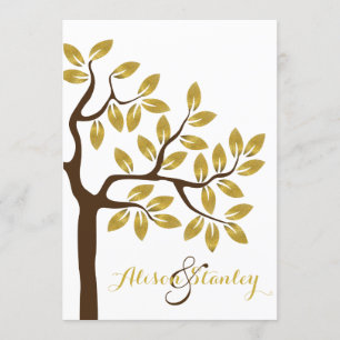 Elegant tree with gold foil leaves modern wedding invitation