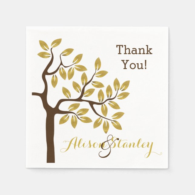 Elegant tree with gold foil leaves modern wedding napkin (Front)