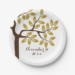 Elegant tree with gold foil leaves modern wedding paper plate