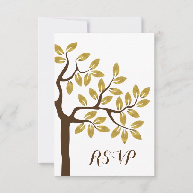Elegant tree with gold foil leaves modern wedding RSVP card (Front)