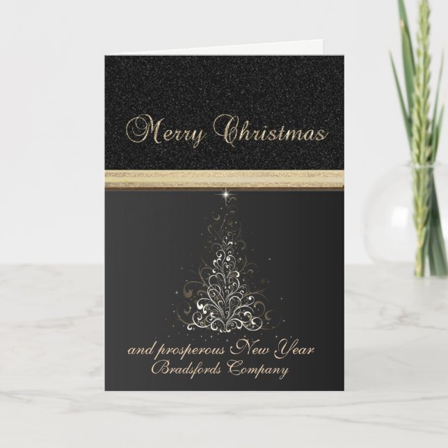 Elegant Trendy Black , Christmas  Tree,Corporate Holiday Card (Front)
