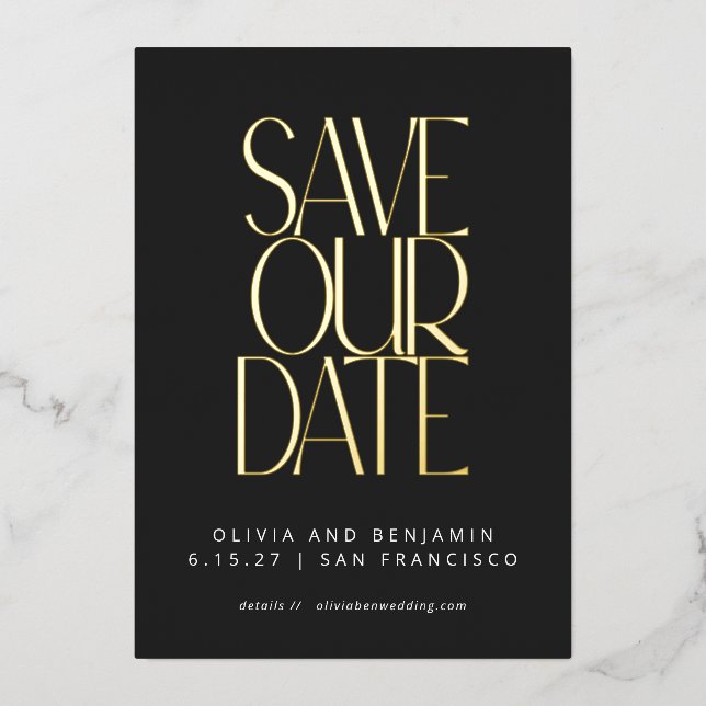 Elegant Trendy Black Gold Save the Date Foil (Front)