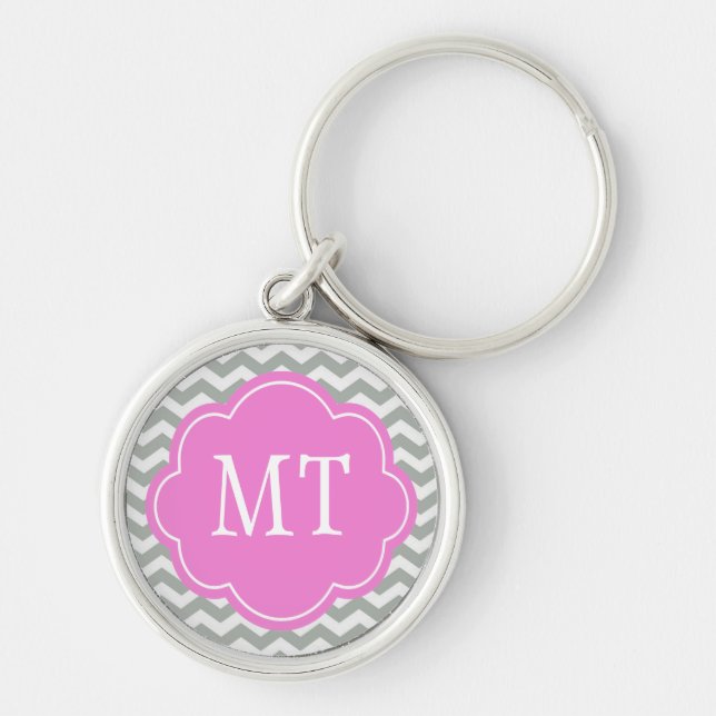 Elegant, trendy, classic gray chevron monogram keychain (Front)