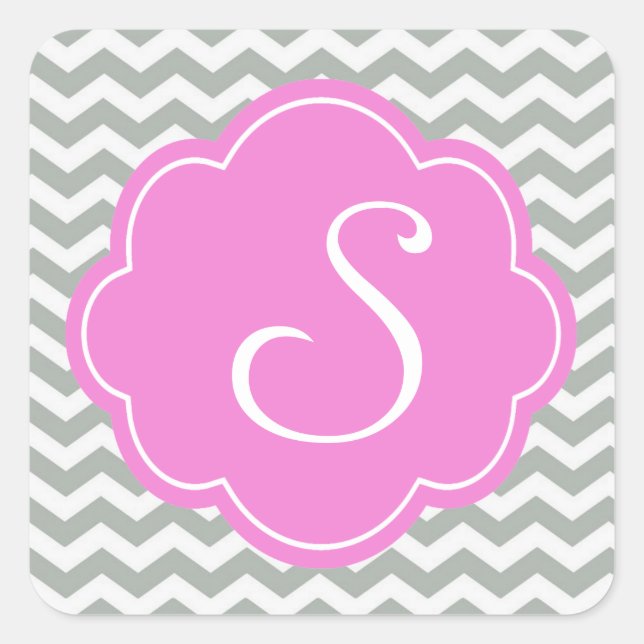 Elegant, trendy, classic grey chevron monogram square sticker (Front)