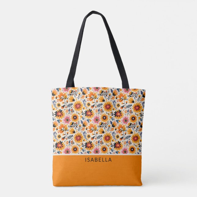 Elegant Trendy Colourful Floral Personalize Name Tote Bag (Back)