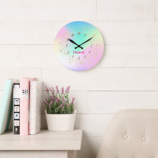 Elegant Trendy Confetti Holographic Personalized Large Clock