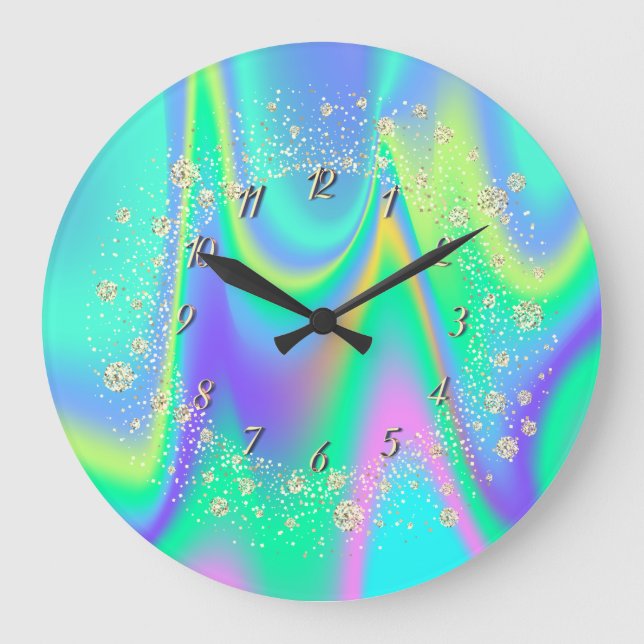 Elegant Trendy Confetti Rainbow Holographic Large Clock (Front)