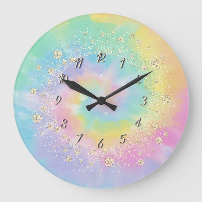 Elegant Trendy Confetti Rainbow Tie Dye Large Clock (Front)