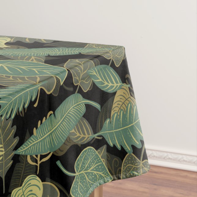 Elegant Trendy Fall Green Leaves Autumn Black Tablecloth (In Situ)