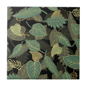 Elegant Trendy Fall Green Leaves Autumn Black Tile