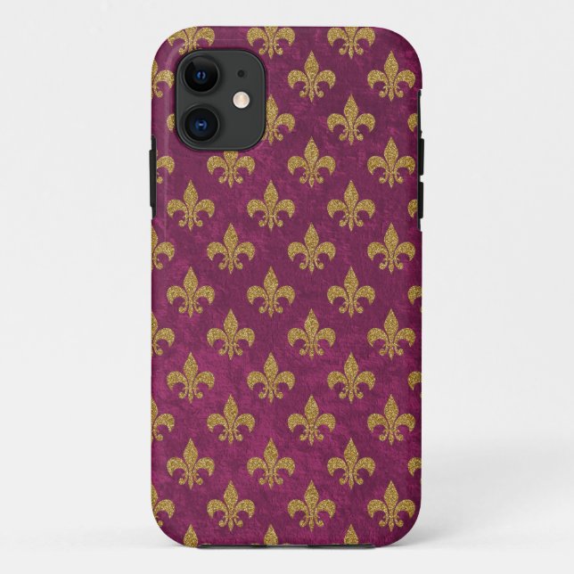 Elegant trendy faux velvet and gold  Fleur-de-Lis Case-Mate iPhone Case (Back)