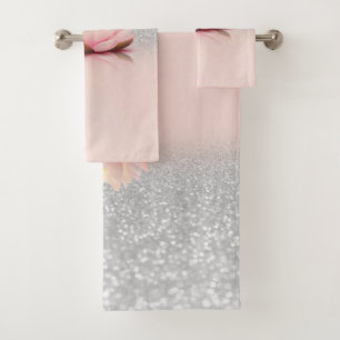 Elegant Trendy Girly, Lotus Silver Glitter Bokeh Bath Towel Set