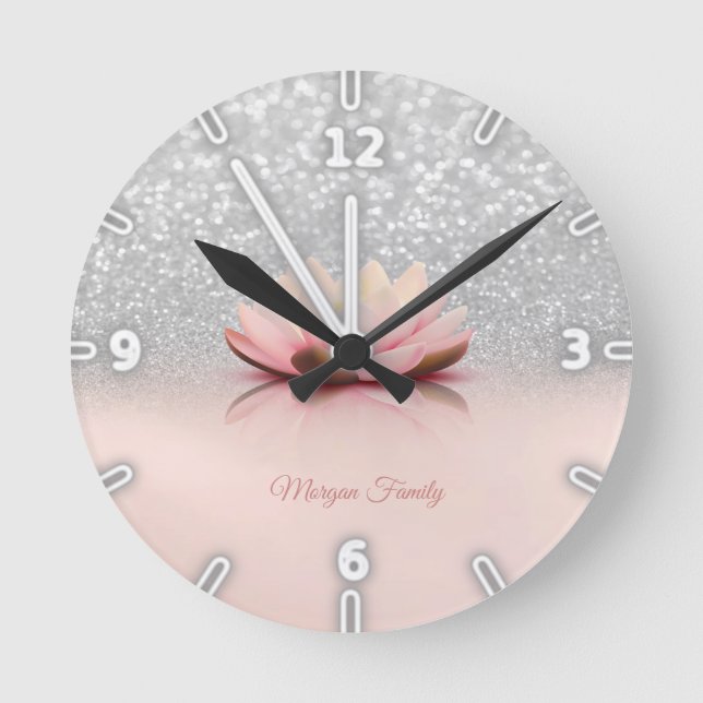 Elegant Trendy Girly, Lotus Silver Glitter Bokeh Round Clock (Front)
