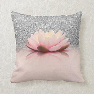 Elegant Trendy Girly, Lotus Silver Glitter Bokeh Throw Pillow