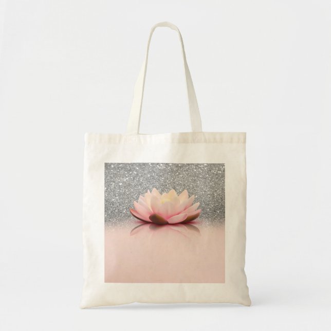 Elegant Trendy Girly, Lotus Silver Glitter Bokeh Tote Bag (Front)