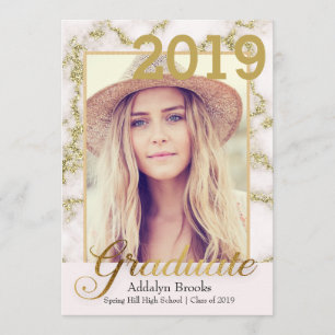 Elegant Trendy Gold  White Marble Photo Graduation Invitation