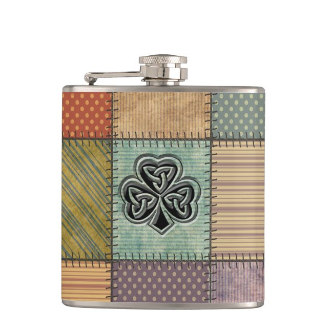 Elegant trendy lucky Irish shamrock patchwork Hip Flask (Front)