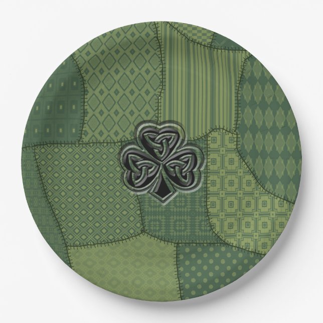 Elegant trendy lucky Irish shamrock patchwork Paper Plate (Front)