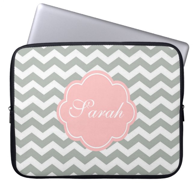 Elegant, trendy, modern grey chevron monogram laptop sleeve (Front)