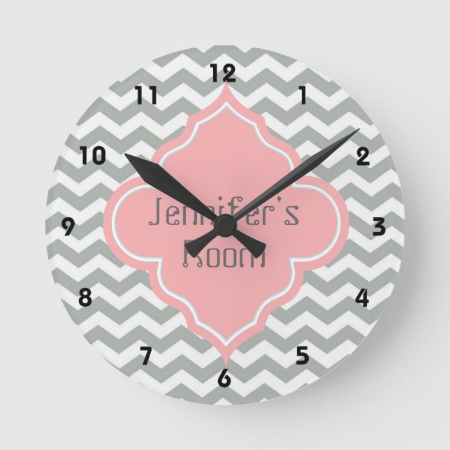 Elegant, trendy, modern grey, pink chevron round clock (Front)
