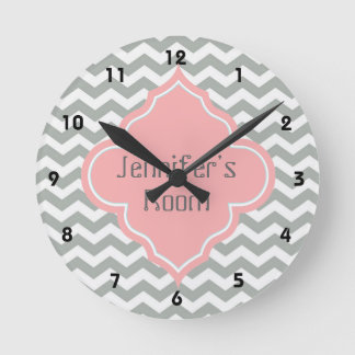 Elegant, trendy, modern grey, pink chevron round clock