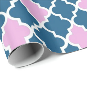 Elegant, trendy navy blue, pink quatrefoil wrapping paper