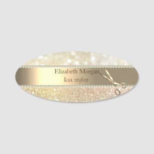 Elegant Trendy, Pearls Bokeh Gold Scissor Name Tag