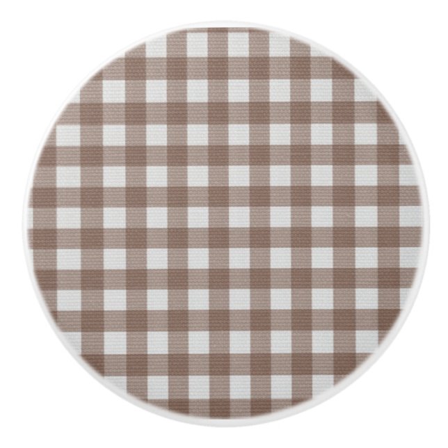Elegant trendy rustic tartan plaid brown and white ceramic knob (Front)
