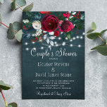 Elegant trendy rustic winter floral couples shower invitation<br><div class="desc">Winter rustic couple's shower party stylish invitation template on a dark midnight blue chalkboard featuring a beautiful burgundy and white peony roses bouquet with dark green seasonal foliage, strings of white twinkle lights, and a chic typography script. Easy to personalize with your details! The invitation is suitable for elegant winter...</div>