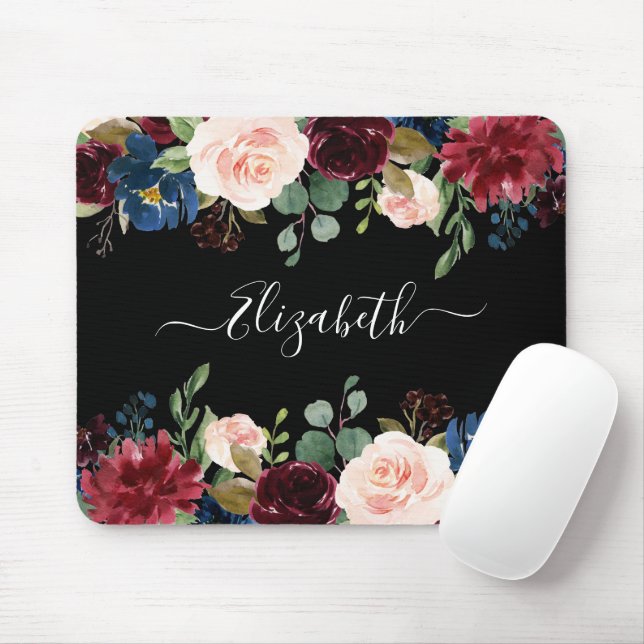 Elegant Trendy Script Watercolor Mixed Floral Mouse Pad (With Mouse)