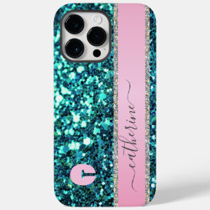 Elegant Trendy Teal Strip Glitter Monogrammed Name Case-Mate iPhone 14 Pro Max Case