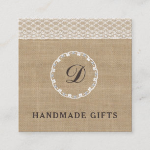Elegant trendy vintage burlap lace monogram square business card