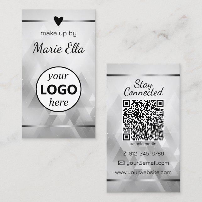 Elegant Triangle Pattern Heart Photo QR Code Logo Business Card (Front/Back)