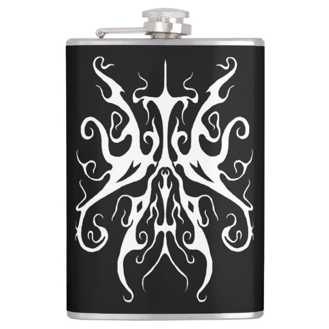 Elegant Tribal Tattoo Design - white on black Hip Flask (Front)