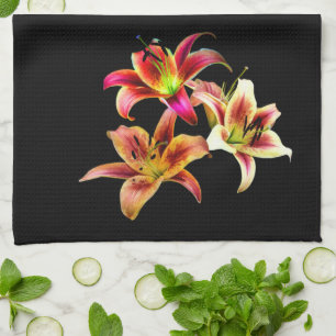Elegant Trio of Yellow and Pink Daylilies Kitchen Towel
